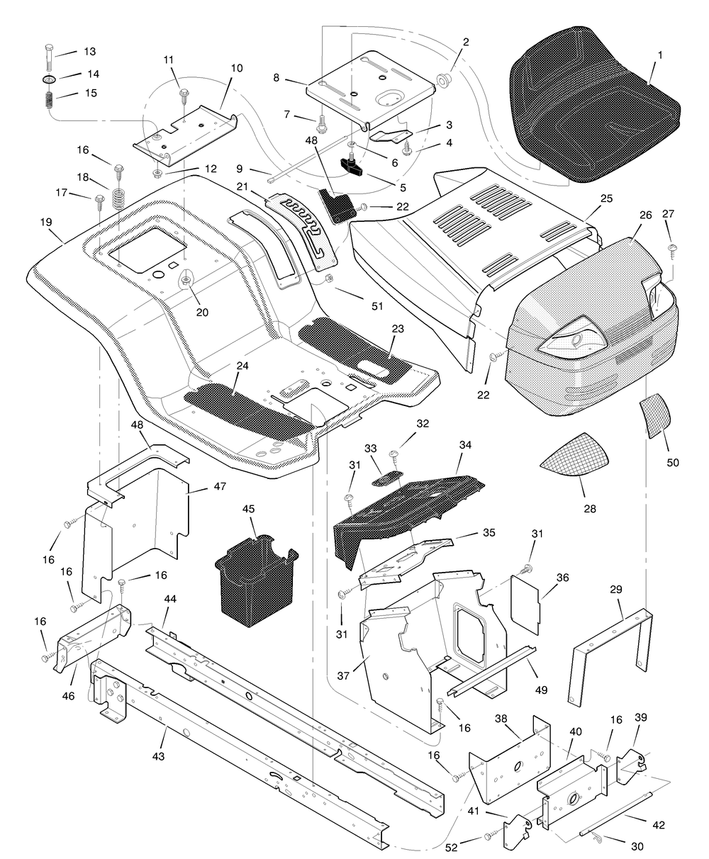 Chassis And Hood Diagram and Parts List for 42571X14B 2001 Briggs and Stratton Lawn Tractor
